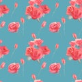 Roses flowers and buds pink blue vintage seamless pattern background