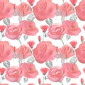 Roses flowers and buds pink blue vintage seamless pattern background