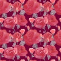 Roses flowers and buds pink blue vintage seamless pattern background