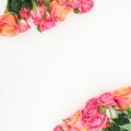 Roses flowers with leaves on white background. Flat lay, top view. Floral composition and copy space Royalty Free Stock Photo