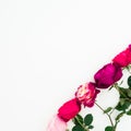 Roses flowers with leaves on white background. Flat lay, top view. Floral composition with copy space Royalty Free Stock Photo