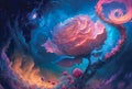 Roses flowers on mysterious cosmic background, ethereal art