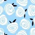 Roses flowers seamless pattern on a blue background. Simple vector hand drawn botanical illustration in scandinavian