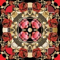 Roses flowers seamless pattern. Colorful ornamental floral background. Greek key meanders circle mandala. Beautiful blossom red Royalty Free Stock Photo