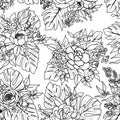 Roses and foliage leaves bouquets black and white floral pattern, black outline handmade sketch illustration over white background Royalty Free Stock Photo