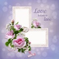 Roses, frames, wedding rings on a gentle beautiful background