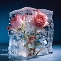 Roses frozen in ice cube on blue background. Love concept. Generative AI Royalty Free Stock Photo