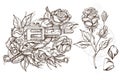 Roses and a gun. A set of outline illustrations with sketches of tattoos