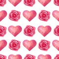 Roses and hearts seamless pattern in watercolor style. Royalty Free Stock Photo