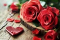 Roses and a hearts on wooden board, Valentines Day background, wedding day. Royalty Free Stock Photo