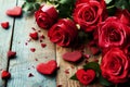 Roses and a hearts on wooden board, Valentines Day background, wedding day. Royalty Free Stock Photo