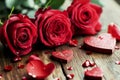 Roses and a hearts on wooden board, Valentines Day background, wedding day. Royalty Free Stock Photo