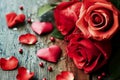 Roses and a hearts on wooden board, Valentines Day background, wedding day. Royalty Free Stock Photo