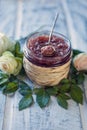 roses jam. food background with a glass jars full of tea rose jam Royalty Free Stock Photo
