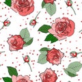 Roses With Leaves and Buds With Small Heart. Red Flowers on Red Background. Vector Seamless Pattern Royalty Free Stock Photo