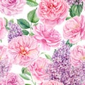 Roses and lilacs. Floral background, seamless patterns pink flowers, watercolor painting Royalty Free Stock Photo