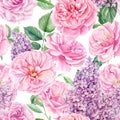 Roses and lilacs. Floral background, seamless patterns pink flowers, watercolor painting