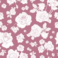 Scattered white roses seamless vector pattern on on antique rose background