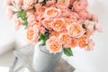 Roses of multicolor, pastel pink and pale orange color. Lots of buds. Floral natural backdrop. Flower shop concept