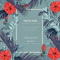 Tropical jungle palm tree leaves and red hibiscus flowers frame. Text placeholder in the middle. Royalty Free Stock Photo