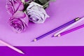 Roses, paper, pencils of pink and purple