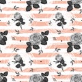 Roses pattern Vintage flower seamless background Trendy striped design, Elegant hand-drawn gray roses. Vector