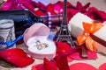 roses petals, money, bottles of wine, a box of jewels and Eiffel Tower. Royalty Free Stock Photo