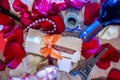 Roses petals, money, bottles of wine, a box of jewels and Eiffel Tower. Royalty Free Stock Photo