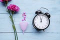 Roses, pills and sanitary cup with alarm clock Royalty Free Stock Photo