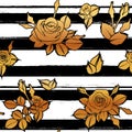 Roses seamless pattern on black and white stripes, vector repeatable illustration of textile fabric