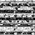 Roses seamless pattern on black and white stripes, vector repeatable illustration of textile fabric