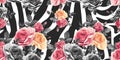 Roses seamless pattern on zebra background. Animal abstract print.