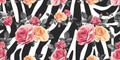 Roses seamless pattern on zebra background. Animal abstract print. Vector Royalty Free Stock Photo