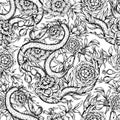 Roses and snake. Seamless pattern, background.