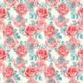 Roses soft red flowers and leaves, hand painted watercolor illustration, seamless pattern design
