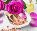 Roses spa setting with bath salt, roses flowers, bath rose oil, Royalty Free Stock Photo