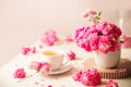 roses and tea cup served for breakfast on plain background, copy space for text, valentine's day, wedding or anniversary Royalty Free Stock Photo