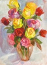 Roses in a transparent jug. Still life. Gouache painting