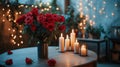 Roses in a vase and candles on a table, blending floral beauty with warm ambiance, Ai Generated Royalty Free Stock Photo