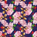 Roses vector seamless pattern. Floral dark blue vintage background. Roses wallpaper. Red paisley flowers with pink 3d roses, gold Royalty Free Stock Photo