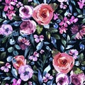 Roses Watercolor Floral Seamles Pattern, Pink Watercolor Rose, Wildflowers, Twigs, Leaves, Buds