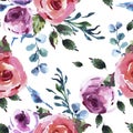 Roses Watercolor Floral Seamles Pattern, Pink Watercolor Rose, Wildflowers, Twigs, Leaves, Buds