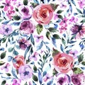 Roses Watercolor Floral Seamles Pattern, Pink Watercolor Rose, Wildflowers, Twigs, Leaves, Buds