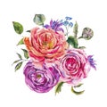 Roses Watercolor Vintage, Watercolor Bouquet of Red Roses and Wildflowers Royalty Free Stock Photo