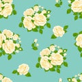 Roses in white color seamless pattern. Bouquets of beautiful flowers on blue. Vector floral background.