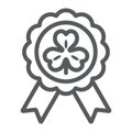 Rosette award clover medal line icon, st patrick`s day and holiday, luck clover sign, vector graphics, a linear pattern