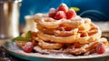 Delicious Funnel Cake with sugar glass and strawberries at the breakfast table. Generative Ai