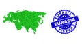 Rosette Distress Stamp and Green Vector Triangle Filled Eurasia Map mosaic Royalty Free Stock Photo