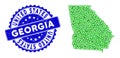 Rosette Grunge Badge With Green Vector Triangle Filled American State Georgia Map mosaic