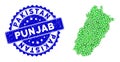 Rosette Grunge Seal And Green Vector Polygonal Punjab Province Map mosaic